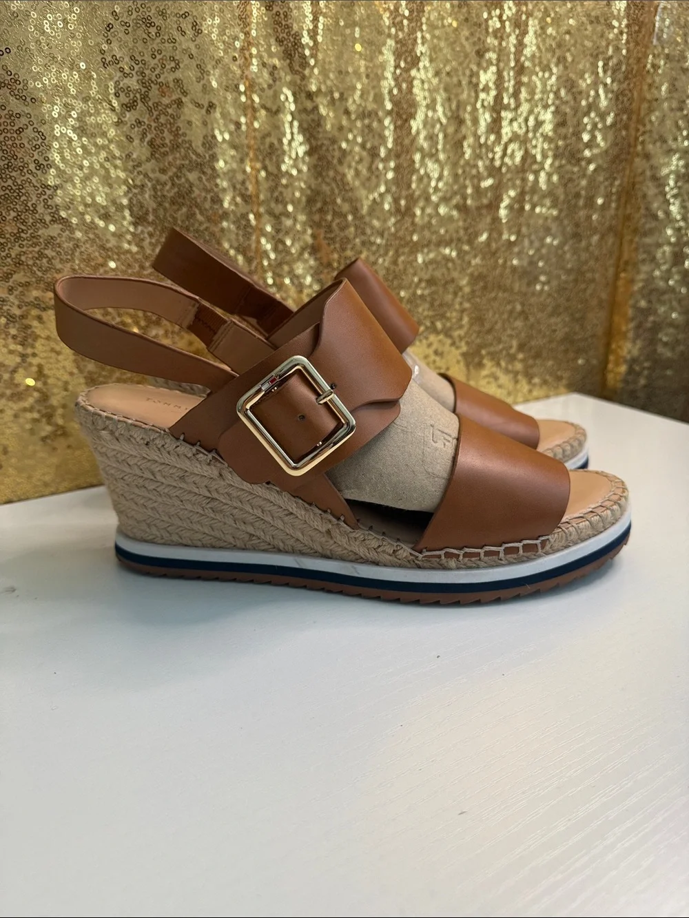 Tommy Hilfiger Cognac Leather Espadrille Wedge Sandals